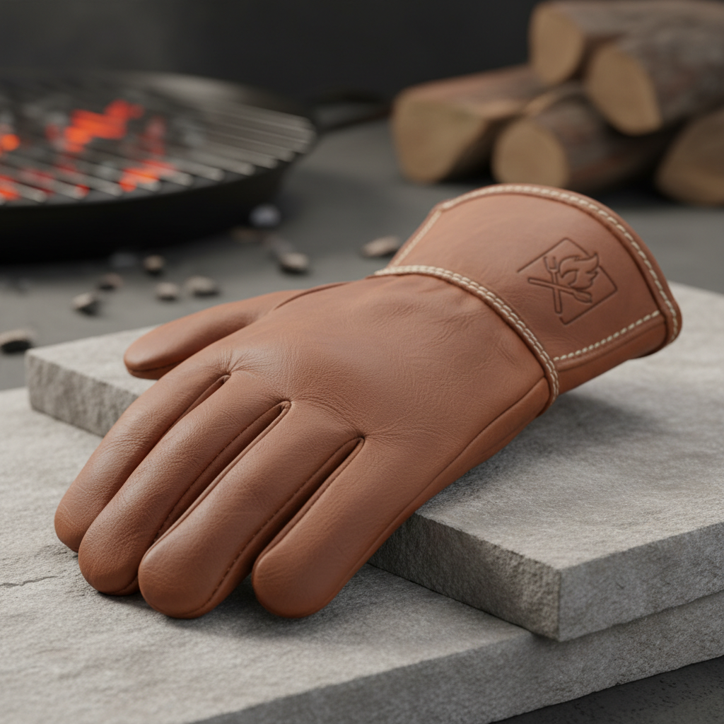 Guante de cuero resistente diseñado específicamente para el manejo seguro de parrillas y asados. Su construcción en cuero café de calidad proporciona protección térmica confiable contra el calor intenso, permitiéndote trabajar con precisión cerca de las brasas y la parrilla. Ideal para parrilleros que buscan comodidad y seguridad en cada preparación. Material duradero que mejora con el uso y se adapta a tu mano.