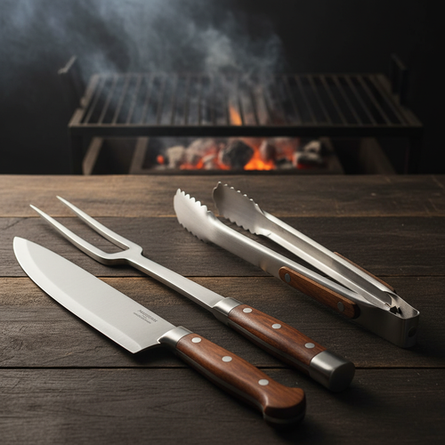 Set Parrillero de tres piezas diseñado y validado por maestros parrilleros chilenos. Incluye tenedor, pinza y cuchillo especializados para dominar cualquier preparación a la parrilla. Cada herramienta está optimizada para ofrecer control preciso, durabilidad y el desempeño que exigen los profesionales. Ideal para quienes buscan resultados de nivel experto en cada asado.